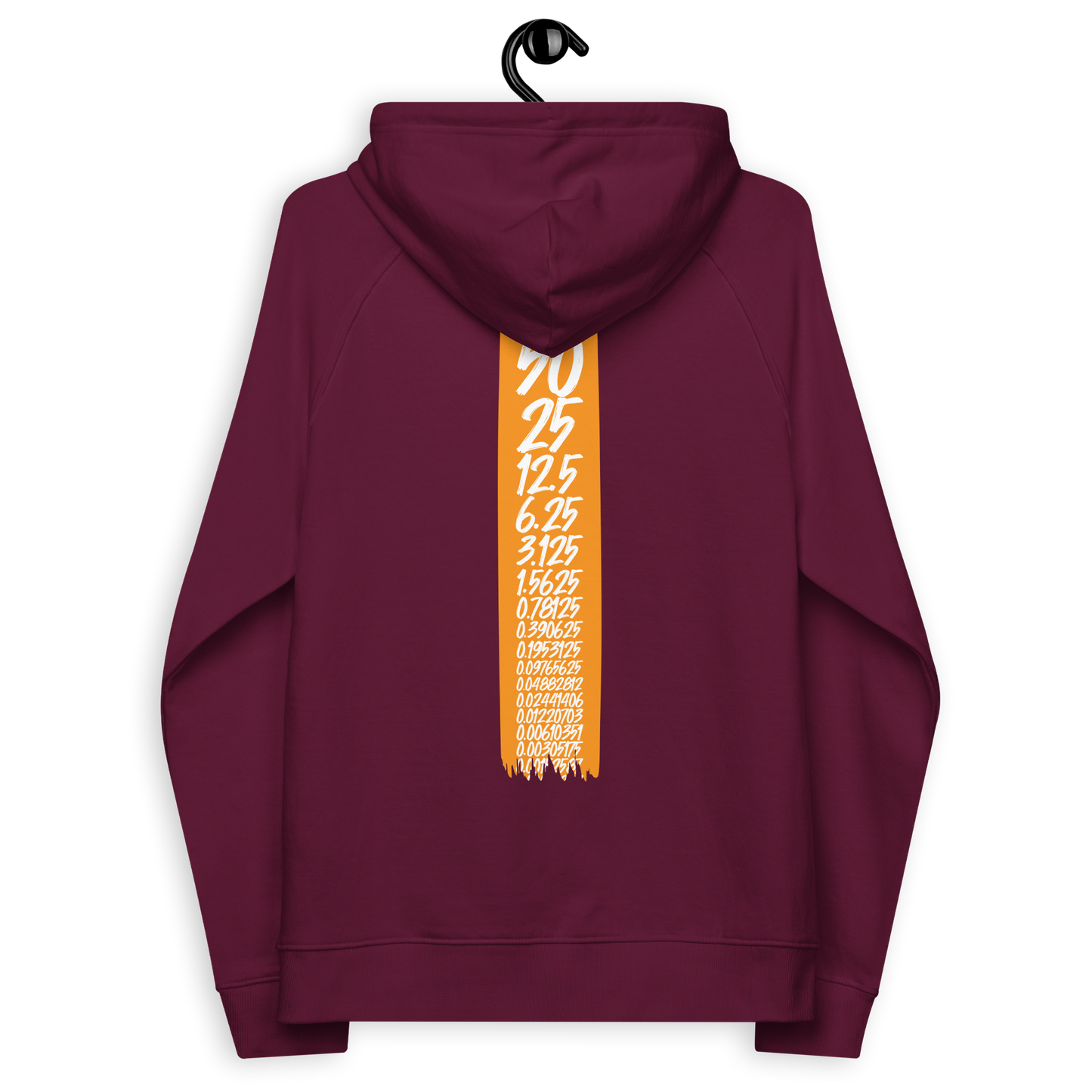 Back view of a burgundy bitcoin hoodie.