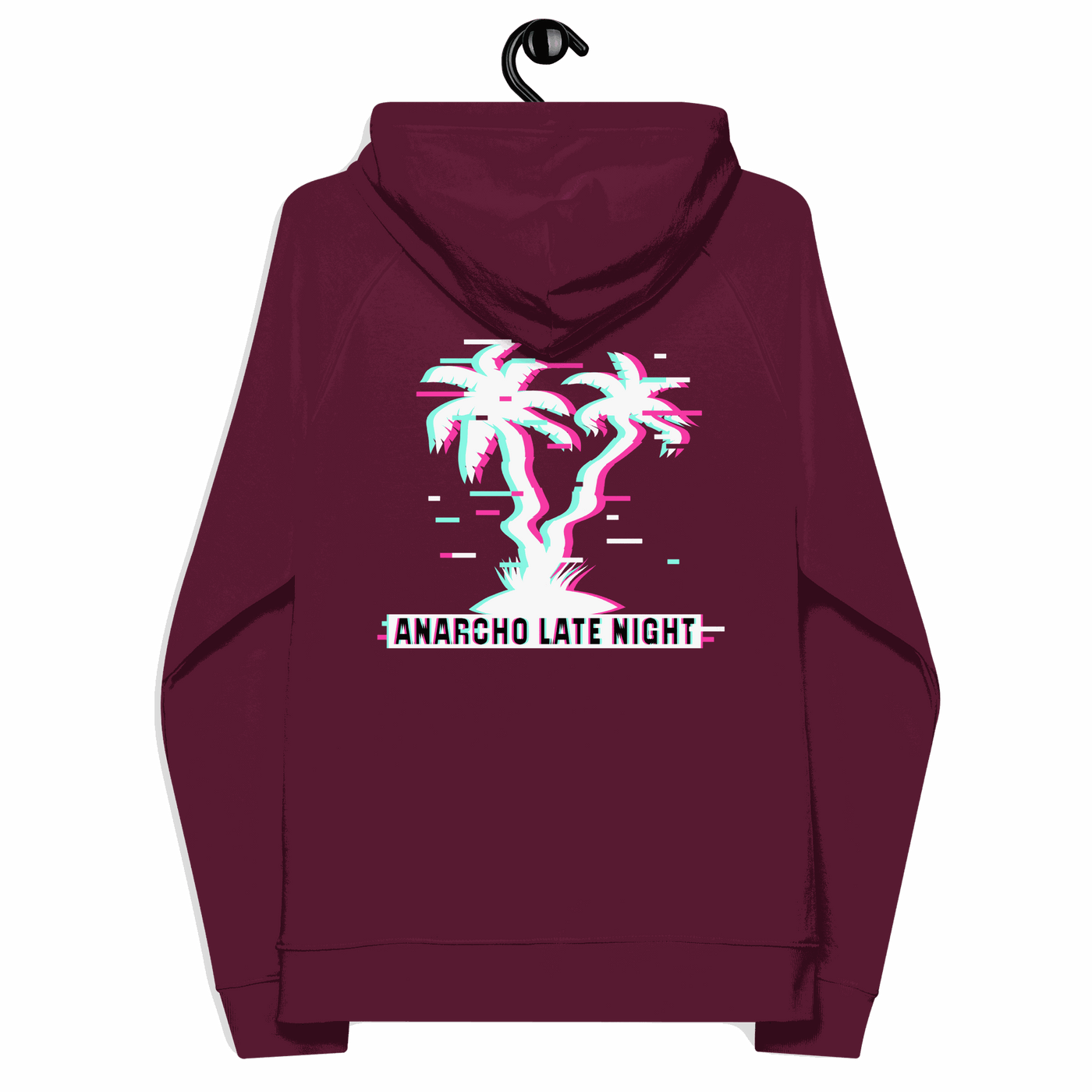 Back view of a burgundy aln hoodie.