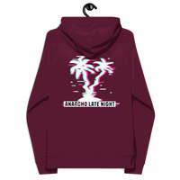 Back view of a burgundy aln hoodie.