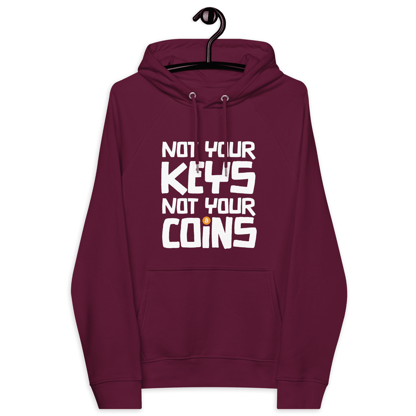 Eco raglan Bitcoin hoodie with "Not your Keys Not your Coins" slogan and multiple sustainability certifications