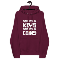 Eco raglan Bitcoin hoodie with "Not your Keys Not your Coins" slogan and multiple sustainability certifications