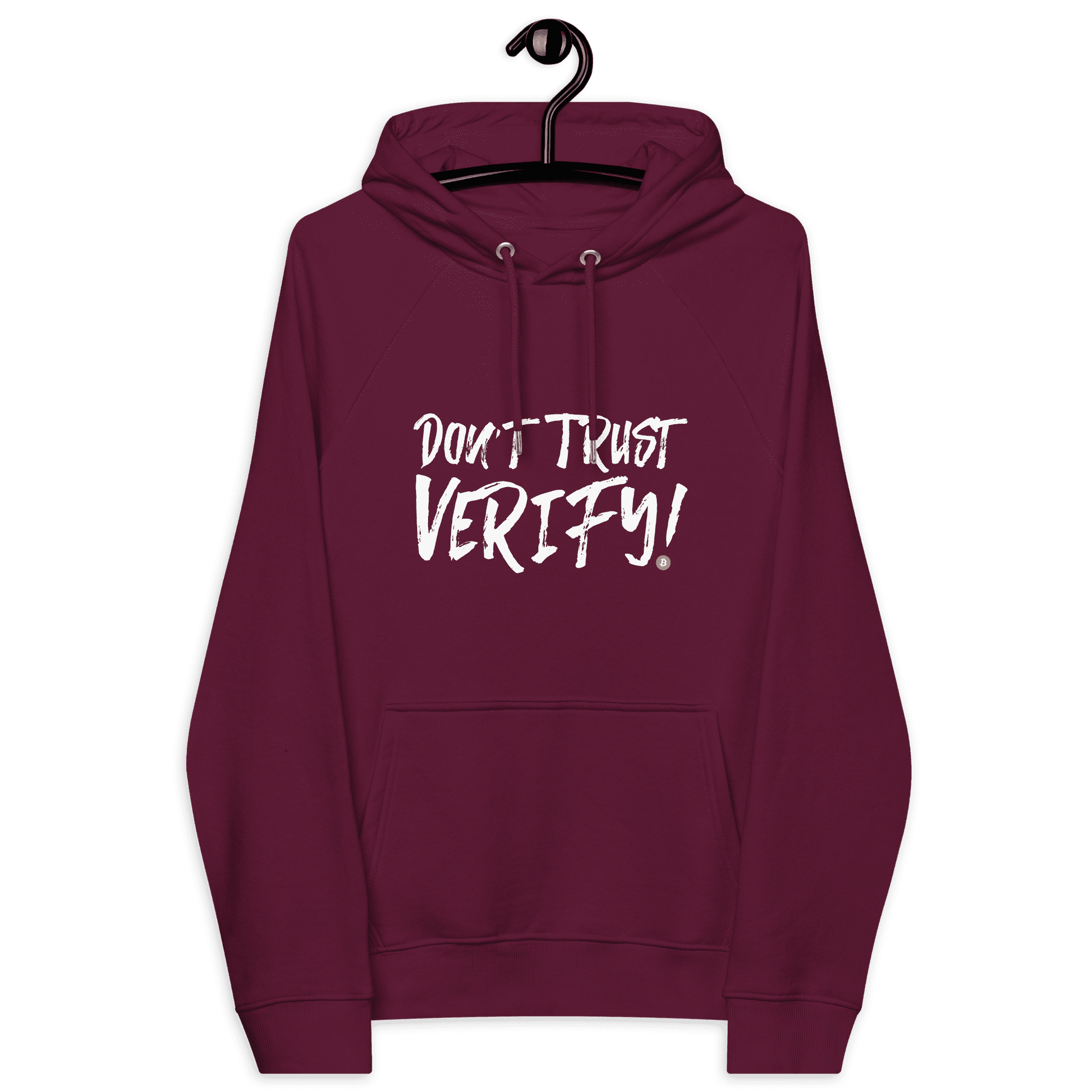 Front view of a burgundy bitcoin hoodie.