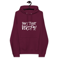 Don't Trust Verify eco raglan bitcoin hoodie certifications OEKO-TEX PETA GOTS OCS GRS