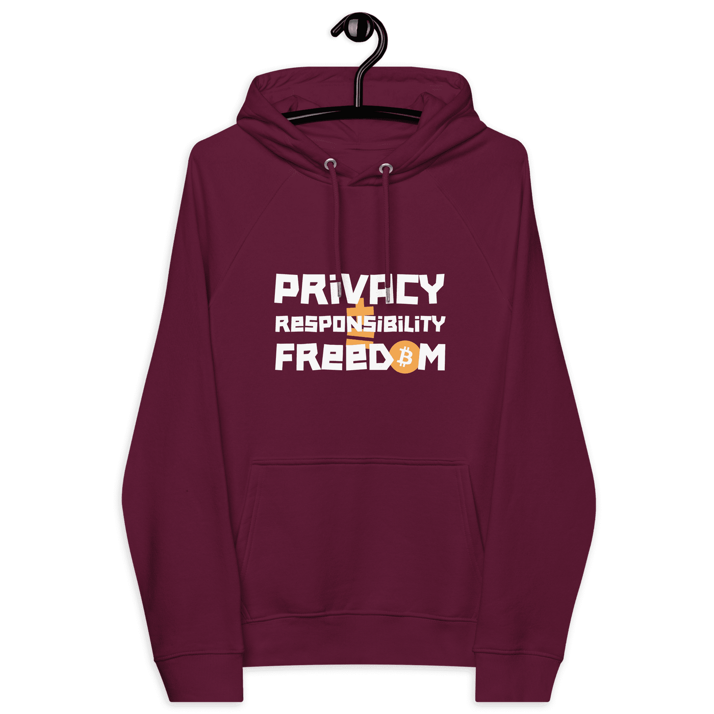 Certification logos on eco-friendly raglan Bitcoin hoodie promoting privacy responsibility freedom