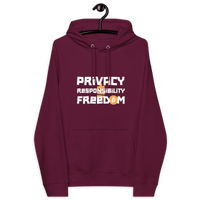 Certification logos on eco-friendly raglan Bitcoin hoodie promoting privacy responsibility freedom