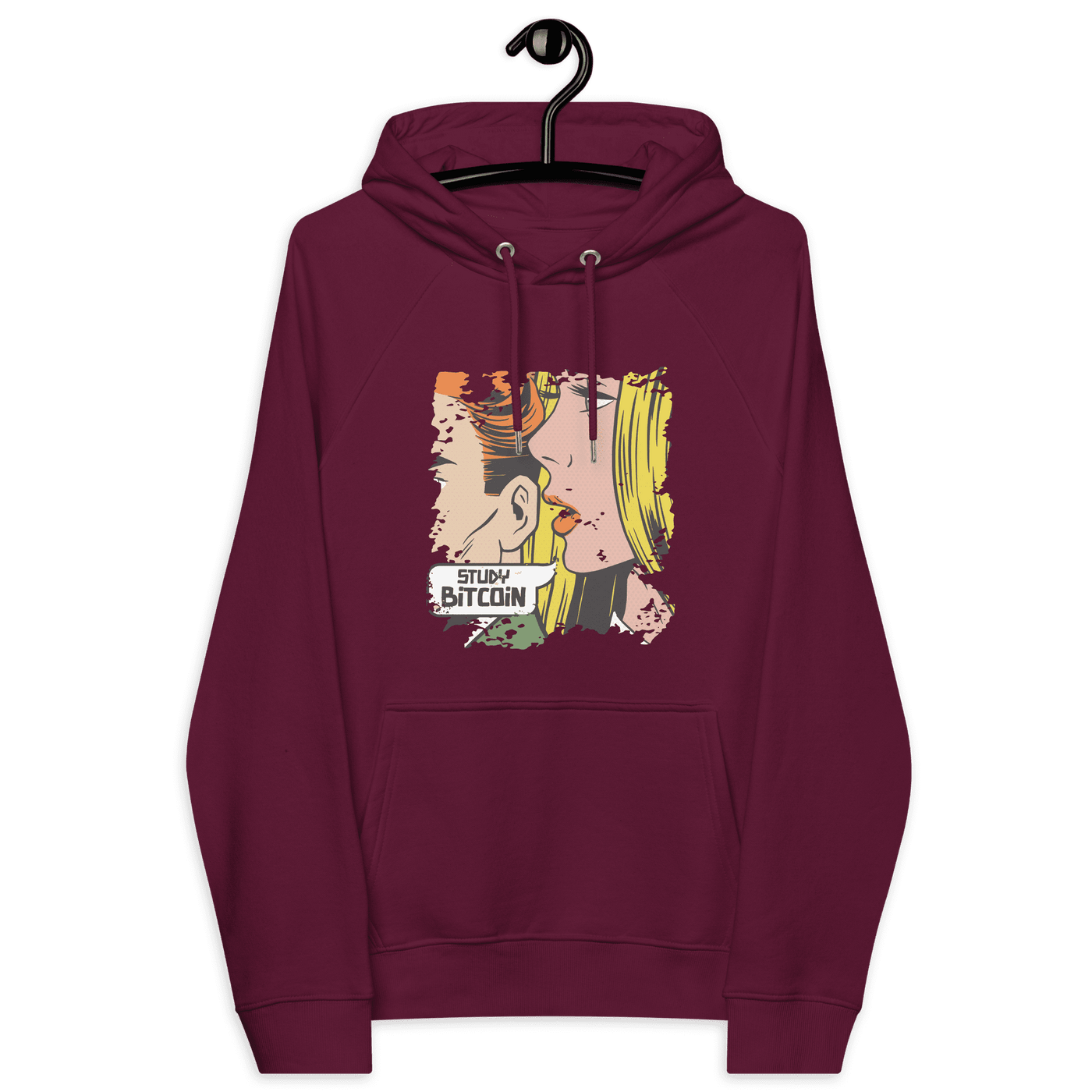 Eco-friendly Study Bitcoin Hoodie with multiple certification logos including OEKO-TEX, PETA, GOTS, OCS, and GRS