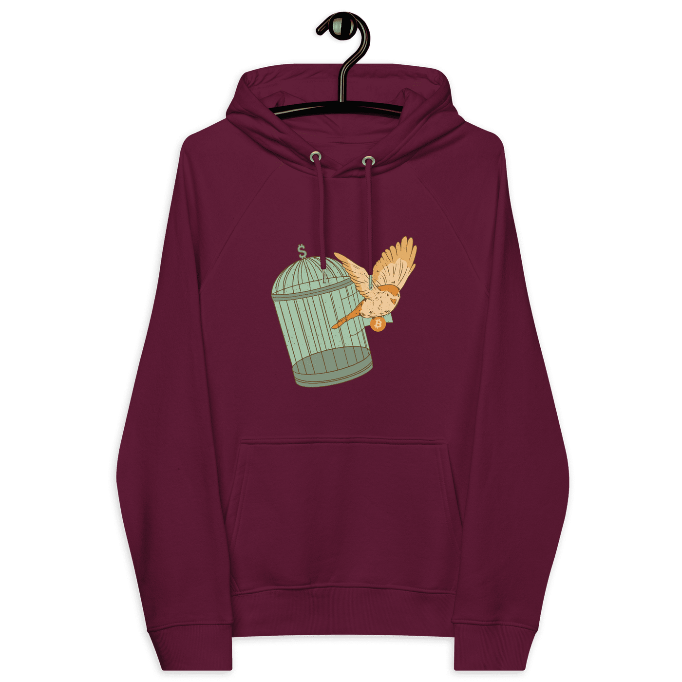 Eco-friendly unisex bitcoin hoodie with Escape from Fiat Madness design and multiple sustainability certifications