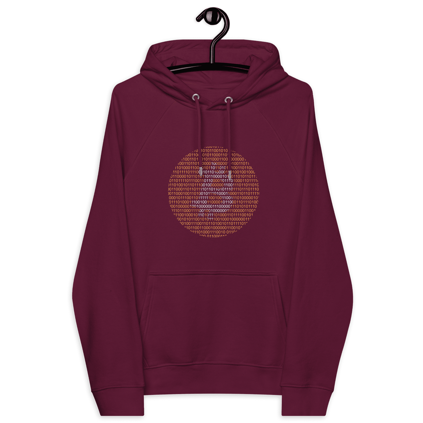 Eco raglan Bitcoin binary hoodie with technology-inspired design and multiple eco certifications