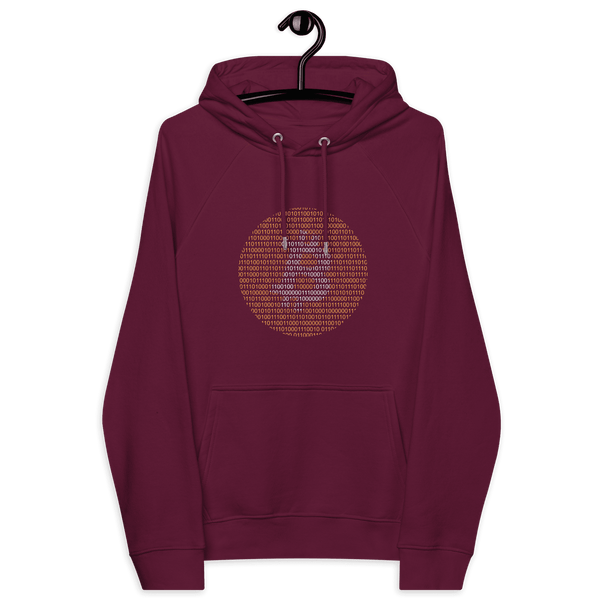 Eco raglan Bitcoin binary hoodie with technology-inspired design and multiple eco certifications