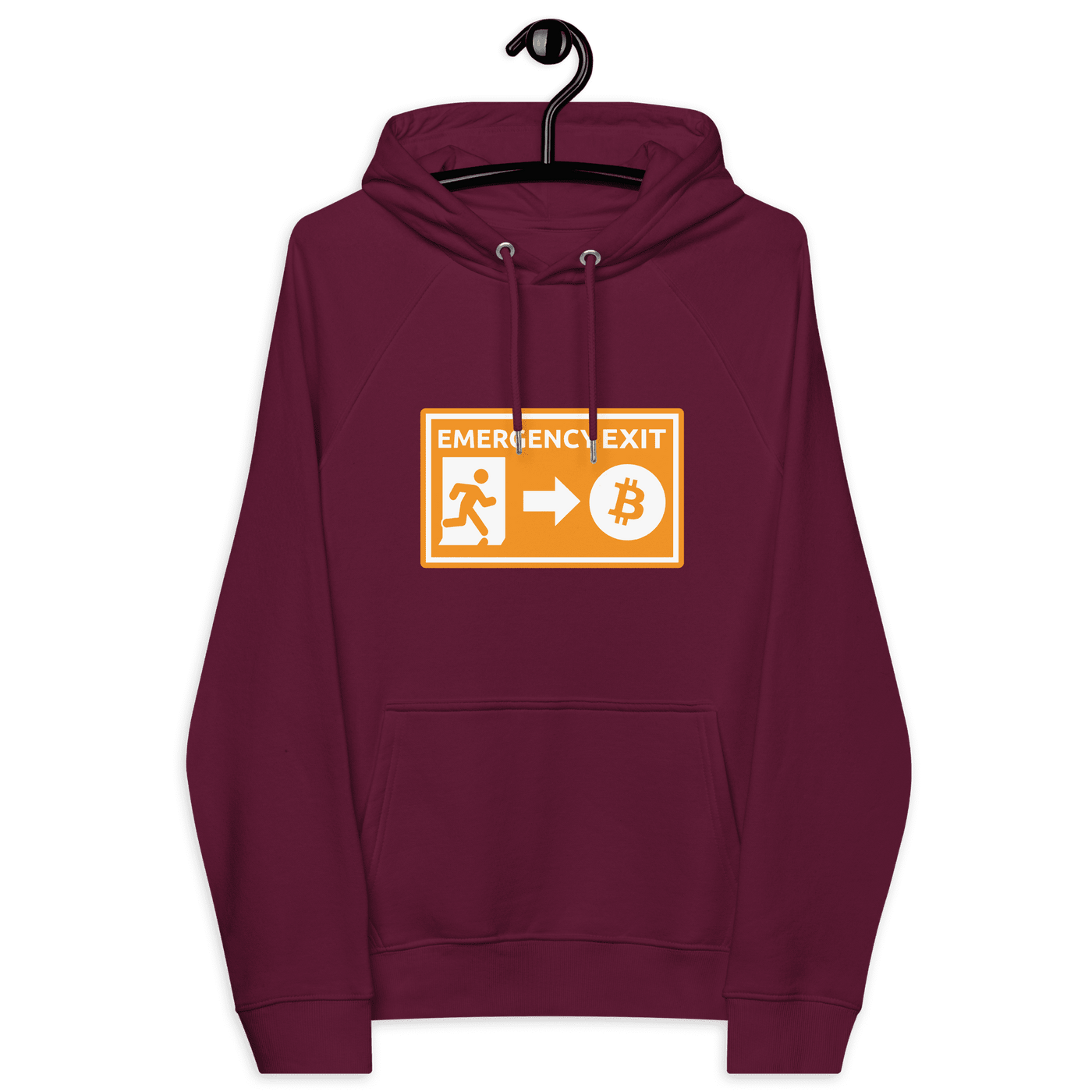 Eco Raglan Bitcoin Hoodie with Emergency Exit design and sustainable certification logos