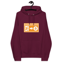 Eco Raglan Bitcoin Hoodie with Emergency Exit design and sustainable certification logos