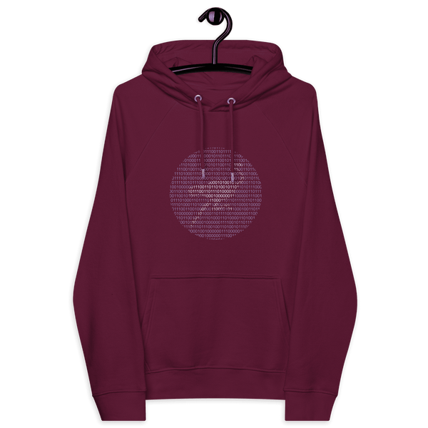 Eco-friendly certified badges for Nostr Binary hoodie including OEKO-TEX, PETA, GOTS, OCS, and GRS logos