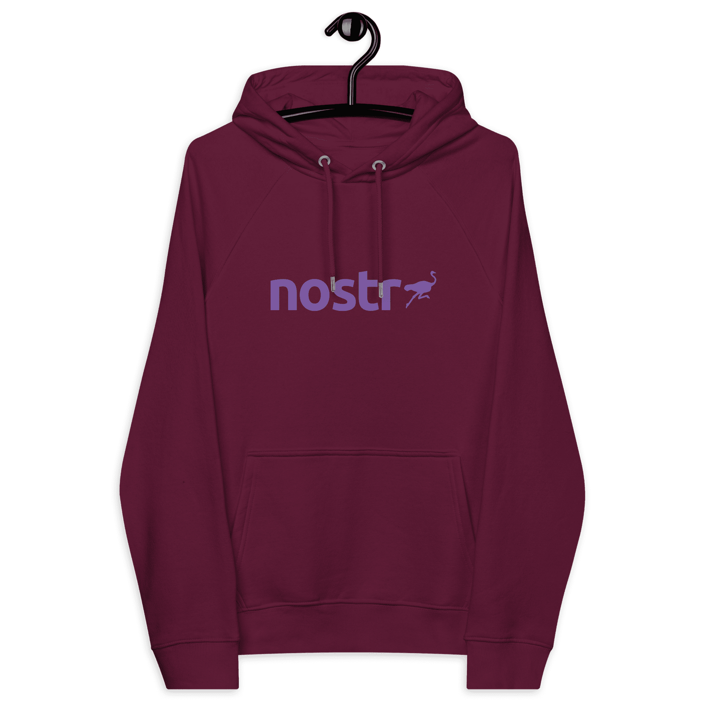 Front view of a burgundy nostr hoodie.