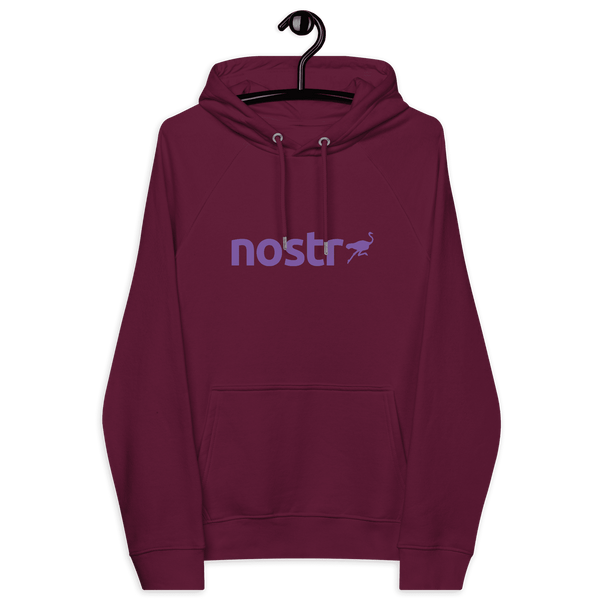 Front view of a burgundy nostr hoodie.