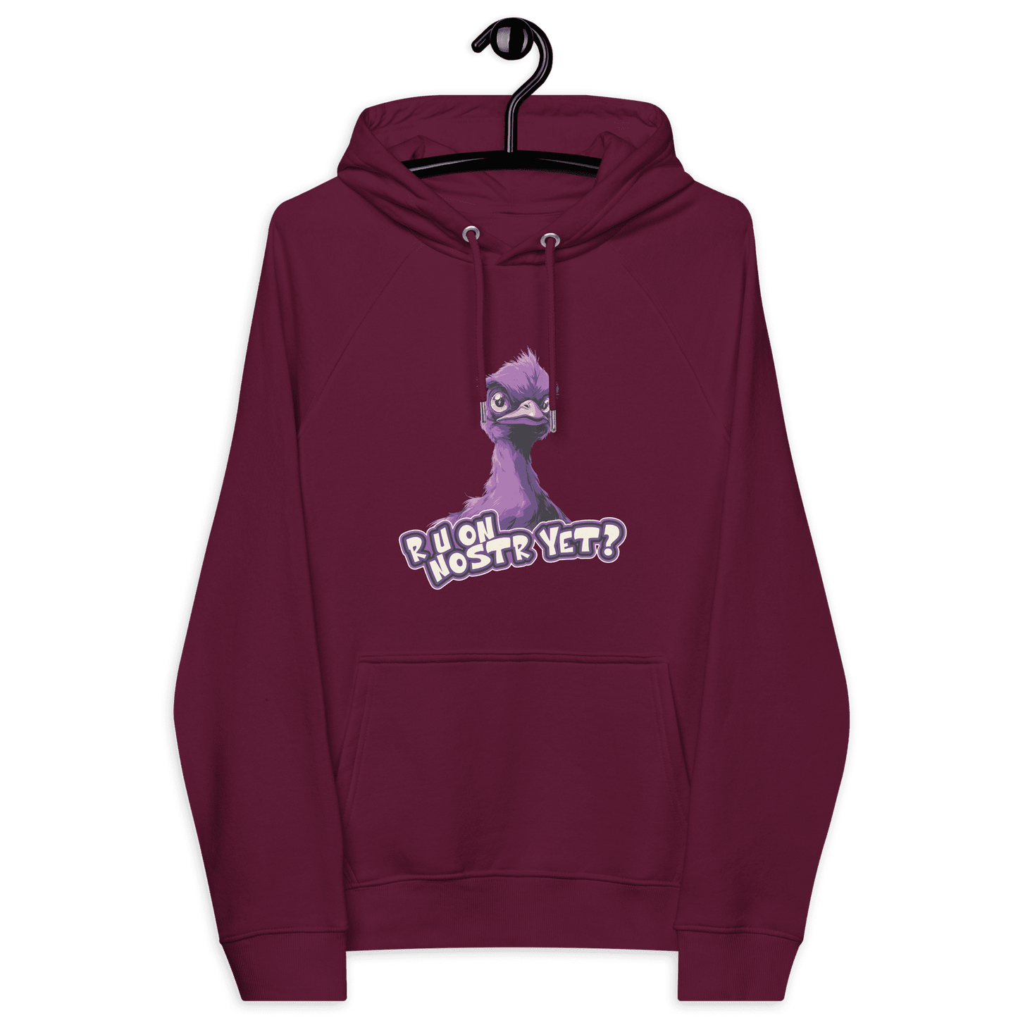 Front view of a burgundy nostr hoodie.