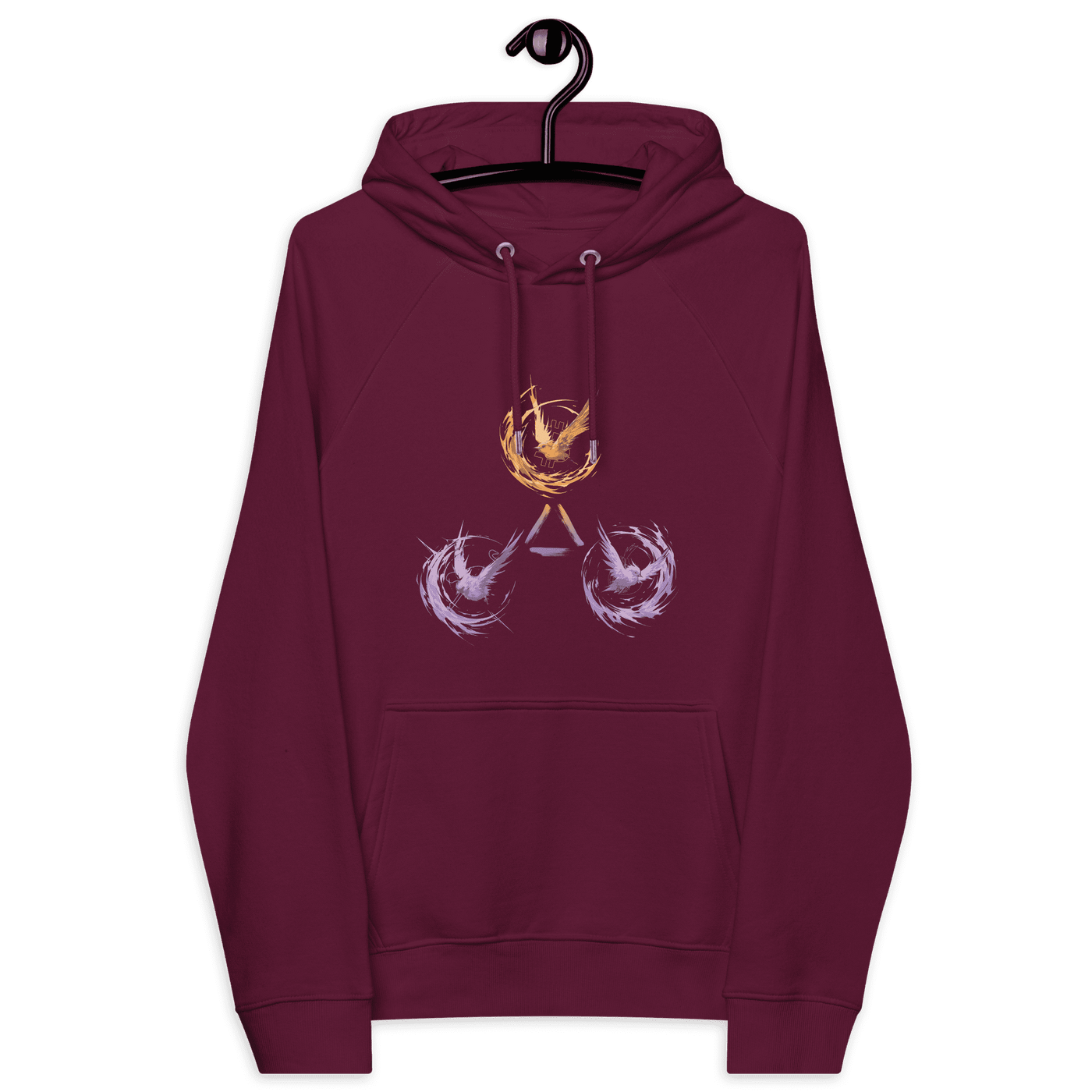 Eco-friendly Freedom Bitcoin Hoodie featuring Trinity of Freedom design with Bitcoin, Nostr, and Tor logos