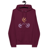 Eco-friendly Freedom Bitcoin Hoodie featuring Trinity of Freedom design with Bitcoin, Nostr, and Tor logos