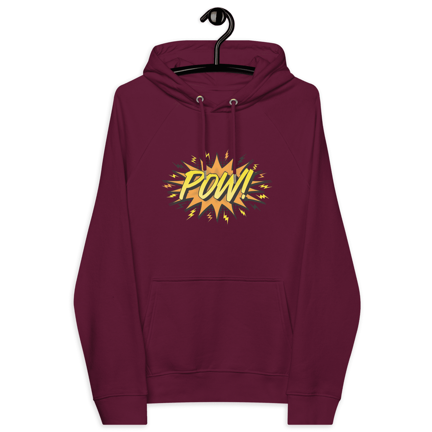 Front view of a burgundy bitcoin hoodie.