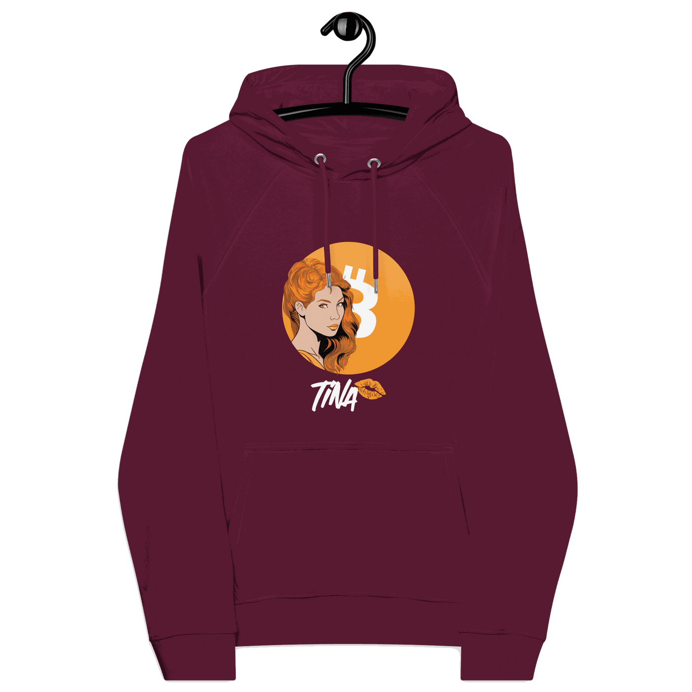 Certification logos including OEKO-TEX, PETA, GOTS, OCS, and GRS for eco-friendly TINA Bitcoin Hoodie