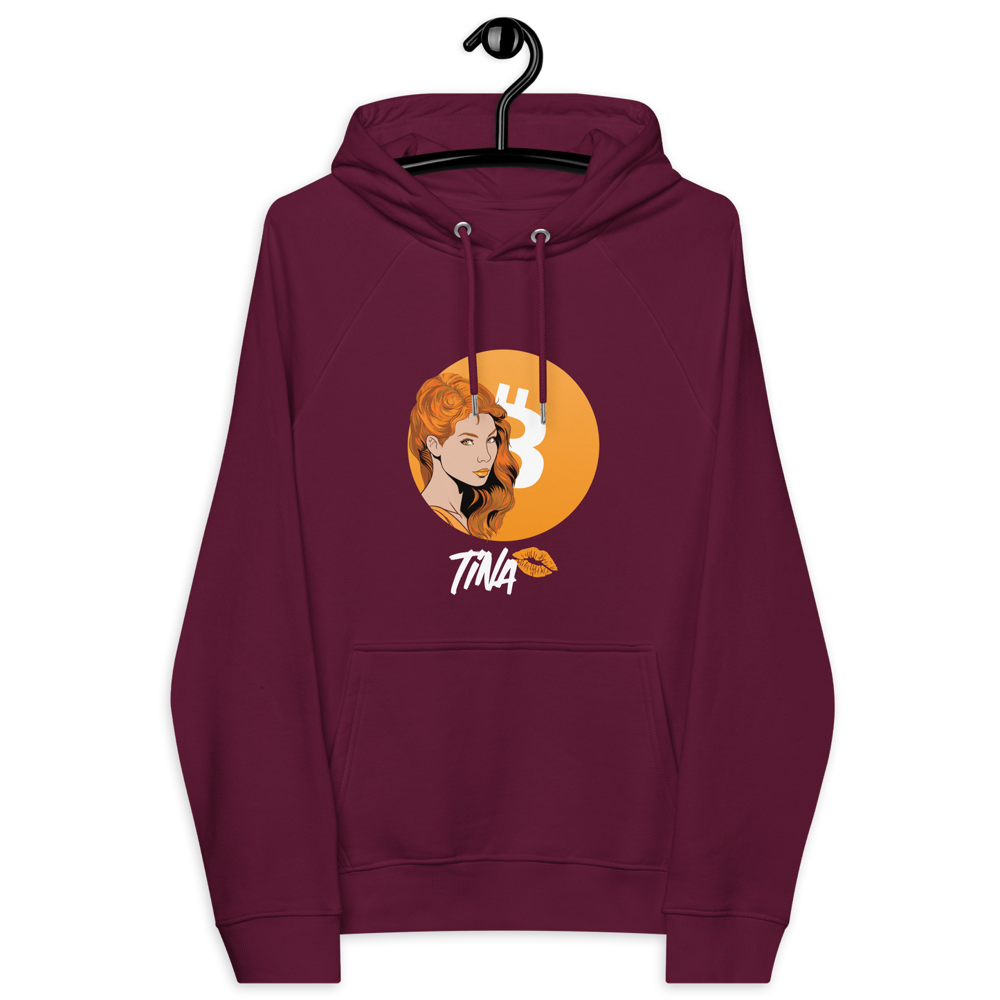 Front view of a burgundy bitcoin hoodie.