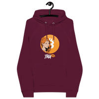 Certification logos including OEKO-TEX, PETA, GOTS, OCS, and GRS for eco-friendly TINA Bitcoin Hoodie