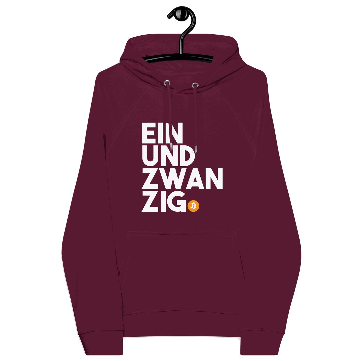 Front view of a burgundy bitcoin hoodie.