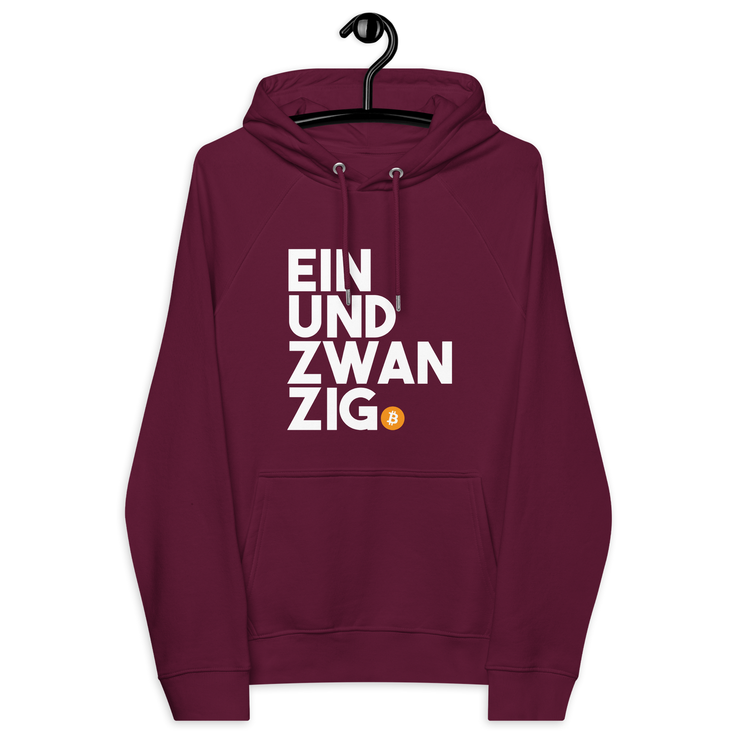 Front view of a burgundy bitcoin hoodie.