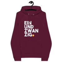 Front view of a burgundy bitcoin hoodie.