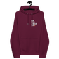 Front view of a burgundy embroidered bitcoin hoodie.