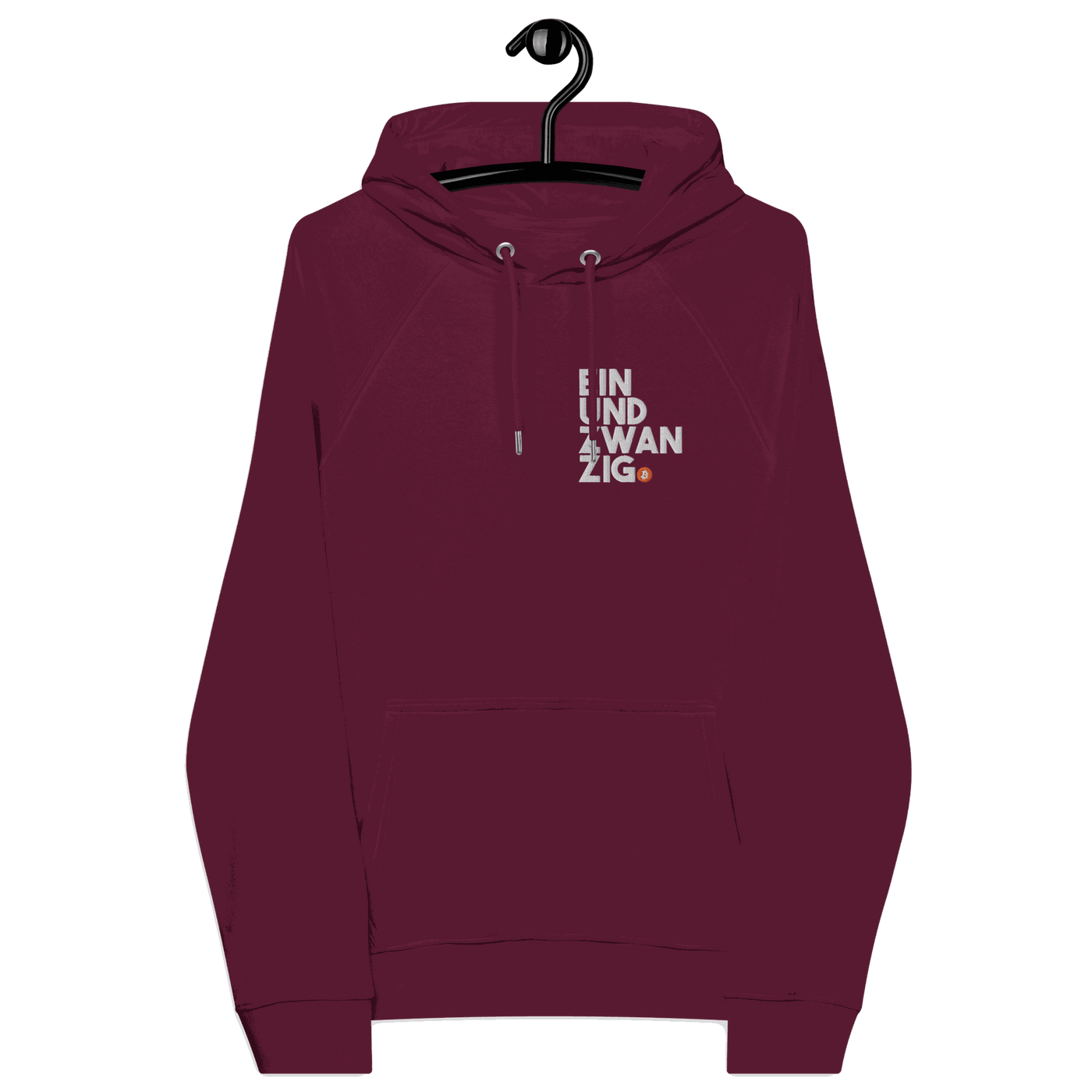 Certification logos for eco-friendly and ethical standards on Einundzwanzig embroidered eco raglan bitcoin hoodie.