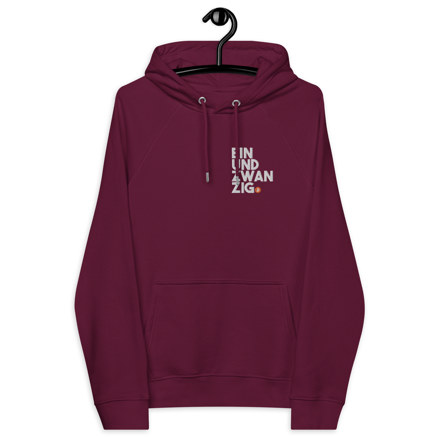 Front view of a burgundy embroidered bitcoin hoodie.