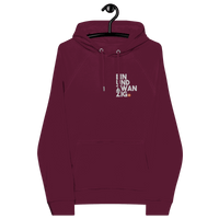 Certification logos for eco-friendly and ethical standards on Einundzwanzig embroidered eco raglan bitcoin hoodie.