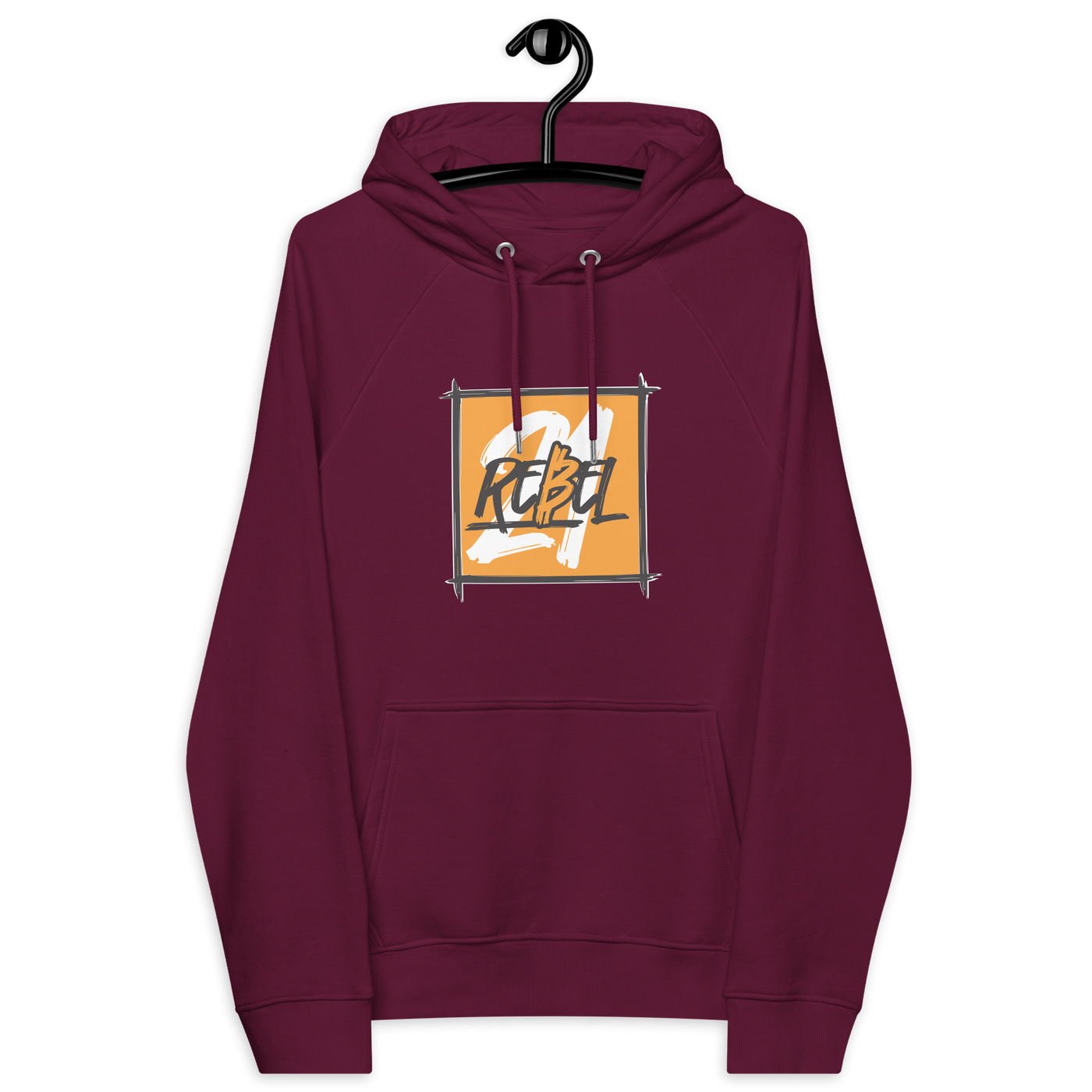 Eco-friendly 21 Rebel Hoodie with bitcoin design and multiple sustainability certifications logos