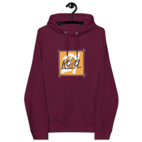 Eco-friendly 21 Rebel Hoodie with bitcoin design and multiple sustainability certifications logos