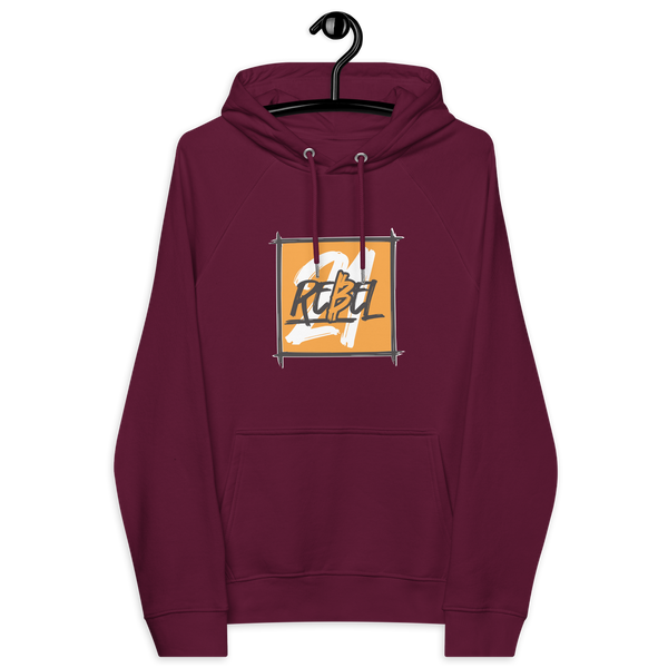 Eco-friendly 21 Rebel Hoodie with bitcoin design and multiple sustainability certifications logos