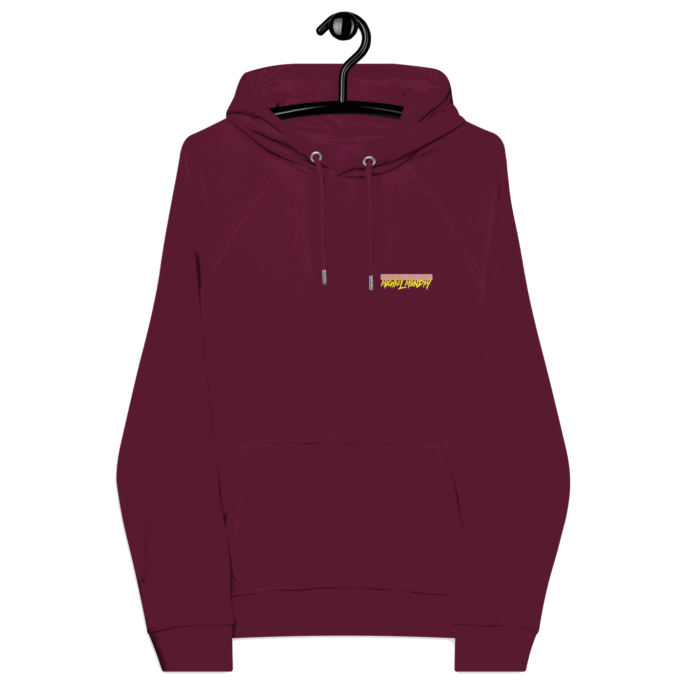 Certification logos including OEKO-TEX, PETA, GOTS, OCS, GRS for Michael Monday Anarcho Late Night Eco Raglan Hoodie