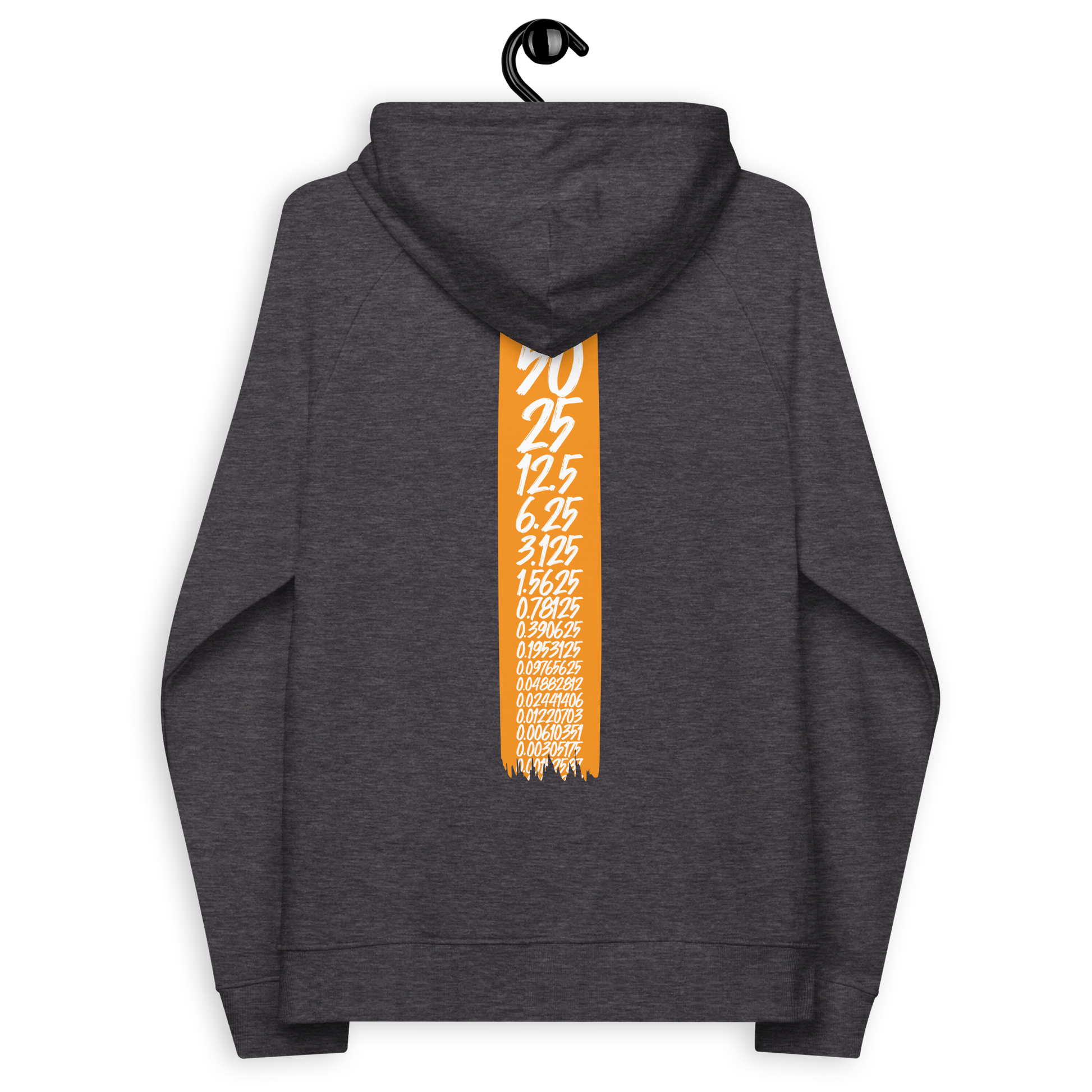 Back view of a charcoal melange colored bitcoin hoodie.