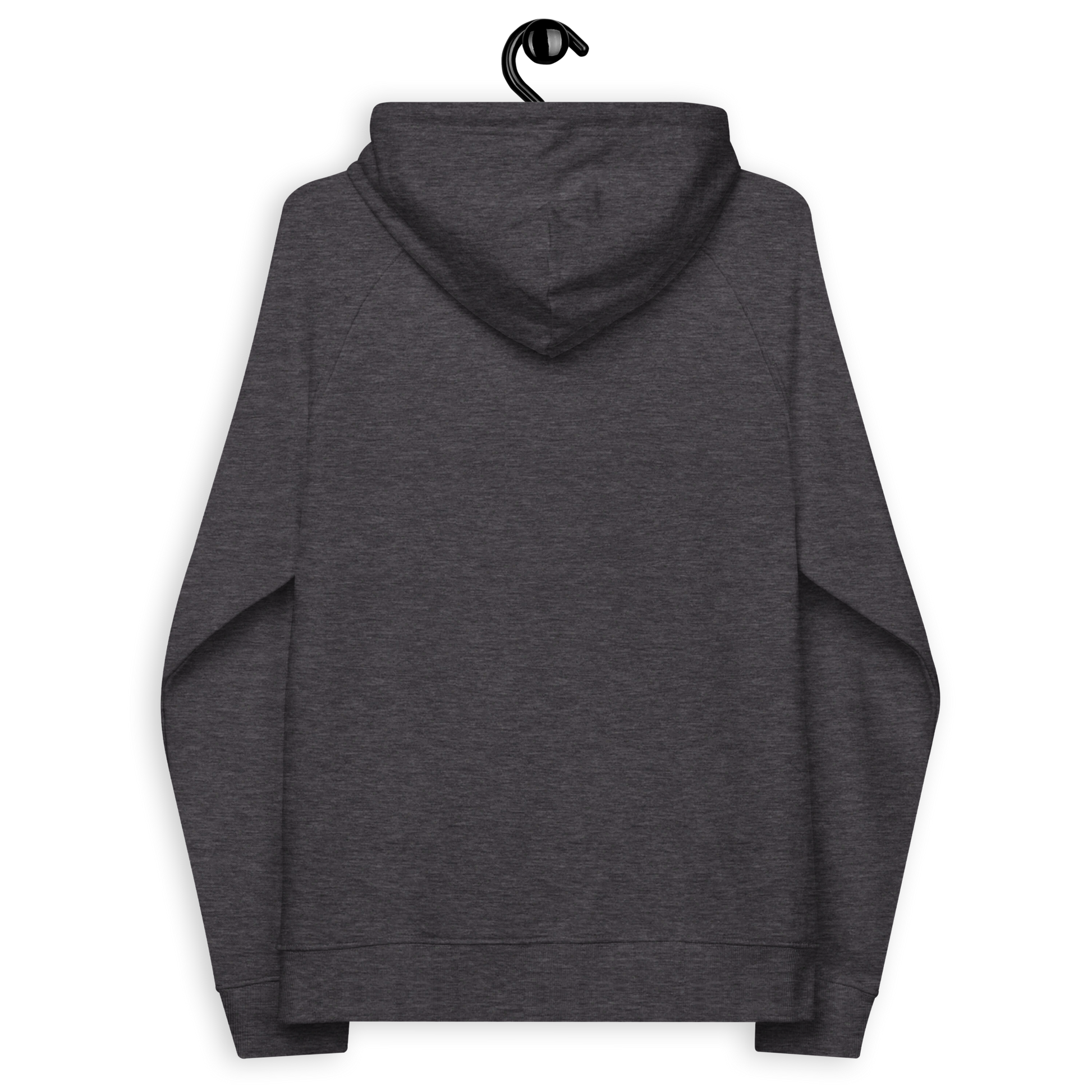 Back view of a dark heather grey nostr DVM hoodie.