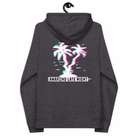 Back view of a charcoal melange colored aln hoodie.