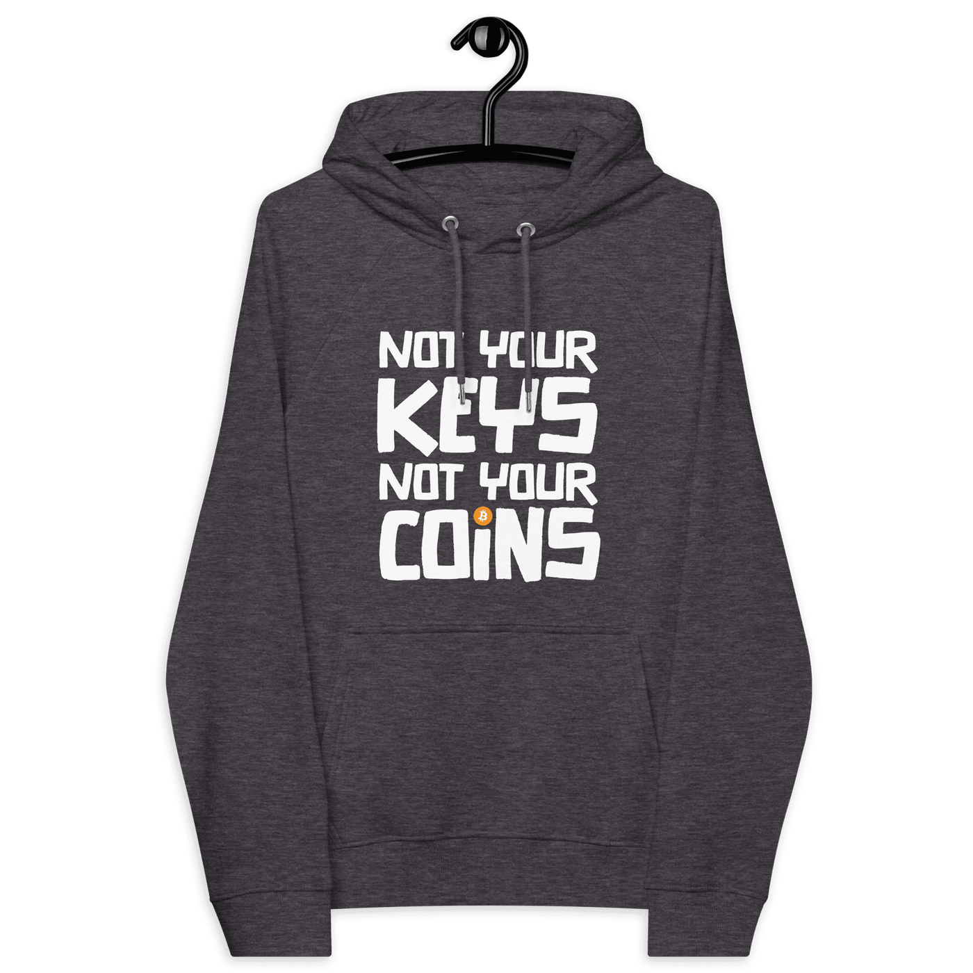 Eco raglan bitcoin hoodie with Not your Keys Not your Coins slogan and sustainable certifications