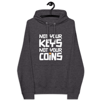 Eco raglan bitcoin hoodie with Not your Keys Not your Coins slogan and sustainable certifications