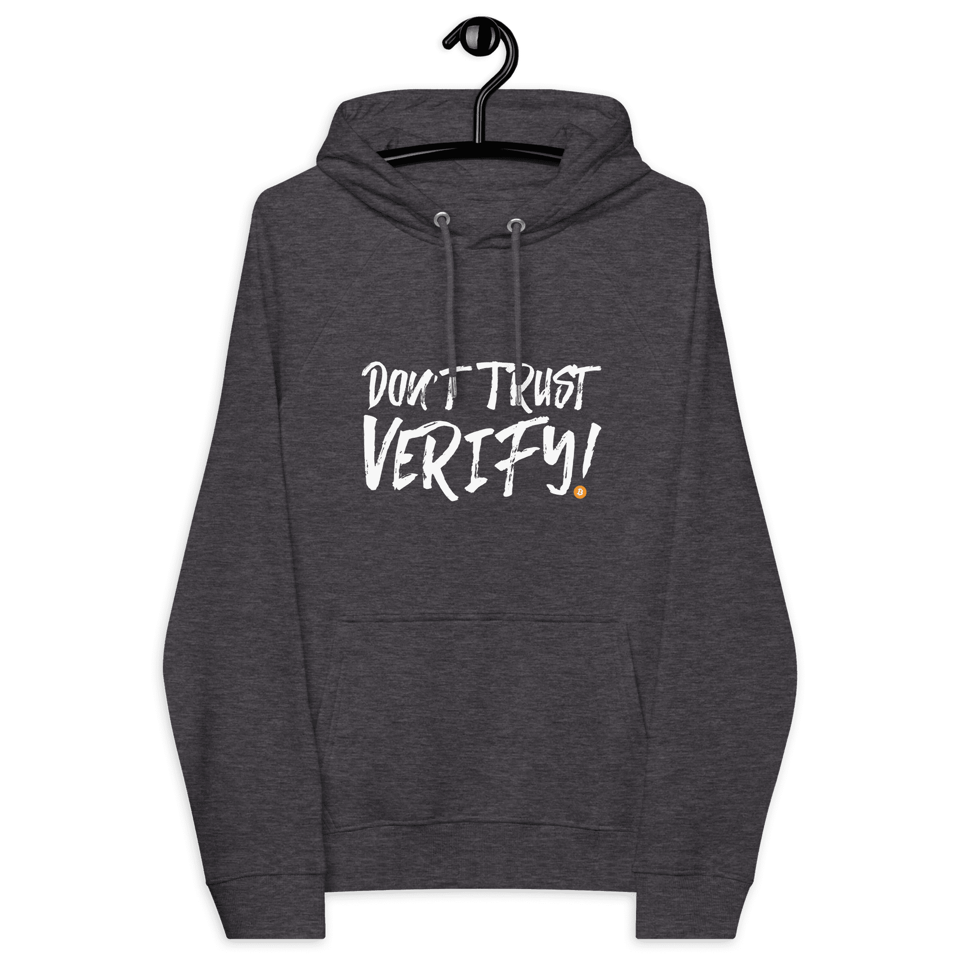 Front view of a charcoal melange colored bitcoin hoodie.