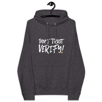 Don't Trust Verify certified eco raglan bitcoin hoodie with OEKO-TEX, PETA, GOTS, OCS, and GRS logos