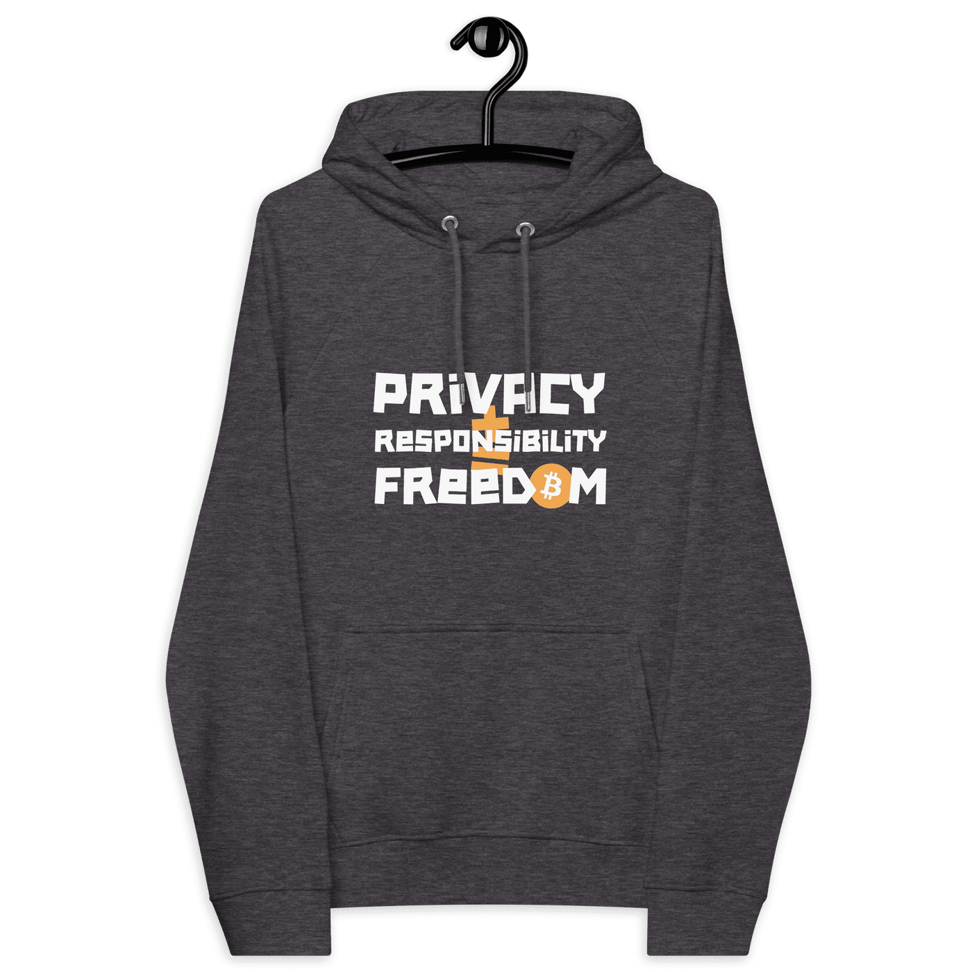 Eco-friendly bitcoin hoodie with Privacy Responsibility Freedom message and sustainability certifications