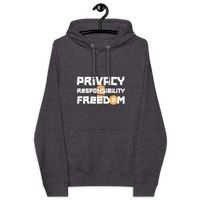 Eco-friendly bitcoin hoodie with Privacy Responsibility Freedom message and sustainability certifications