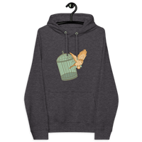 Certification logos for eco-friendly and cruelty-free Escape from Fiat Madness Bitcoin hoodie