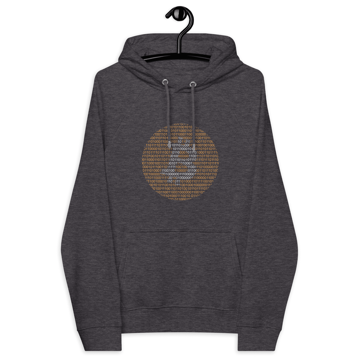 Bitcoin Binary eco-friendly raglan hoodie with binary code design and certification logos