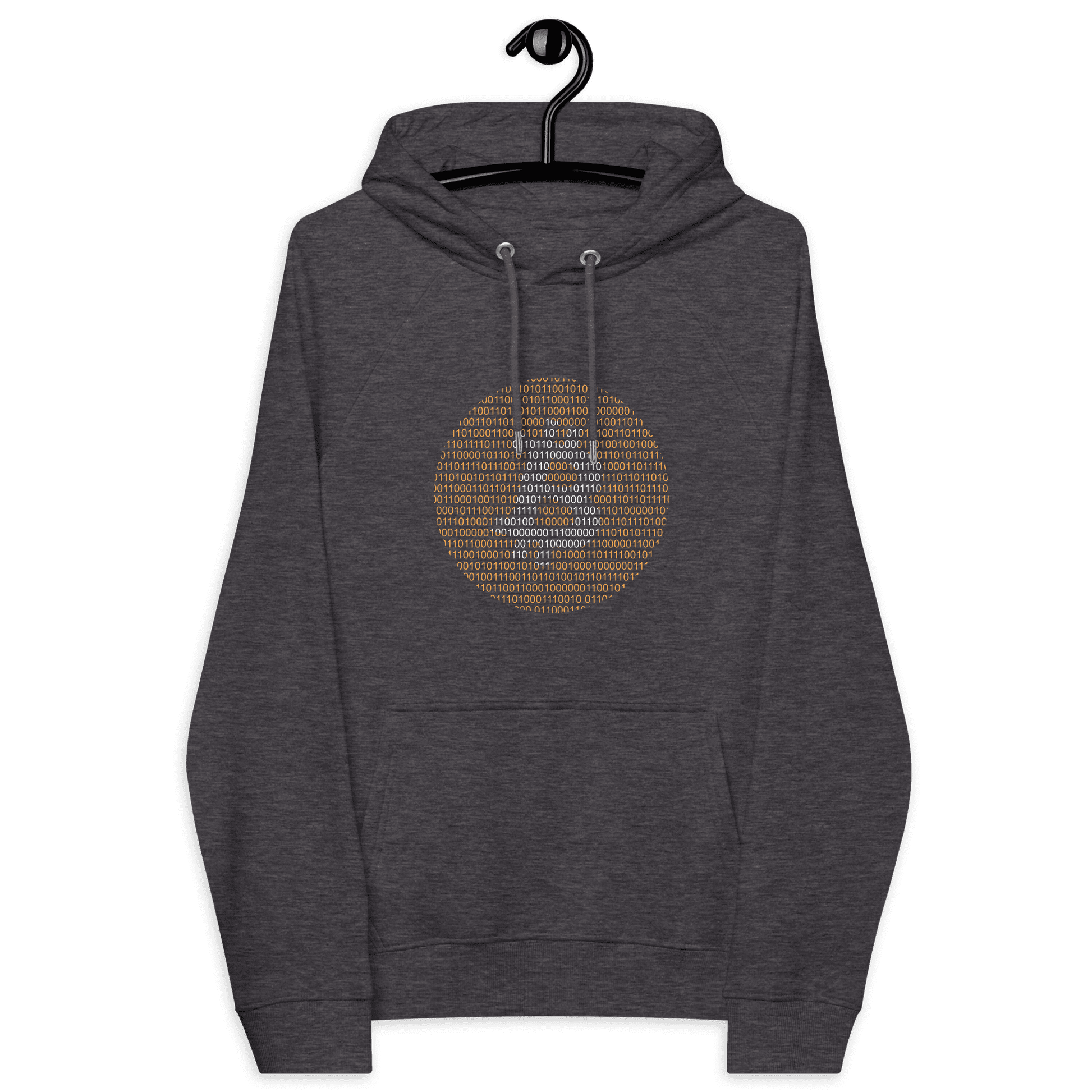 Front view of a charcoal melange colored bitcoin hoodie.