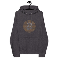 Bitcoin Binary eco-friendly raglan hoodie with binary code design and certification logos