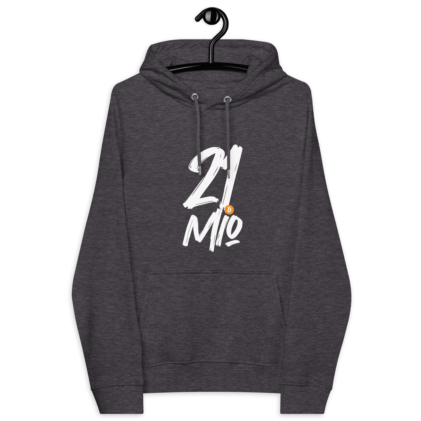 Eco-friendly 21 Million Hoodie with Bitcoin design and multiple sustainability certifications